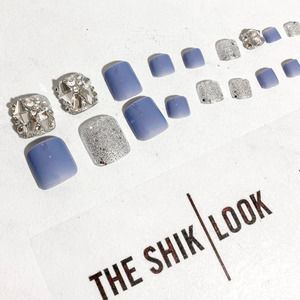 Blue Full Cover Crystal Press On Toe Nails - 24 Pieces